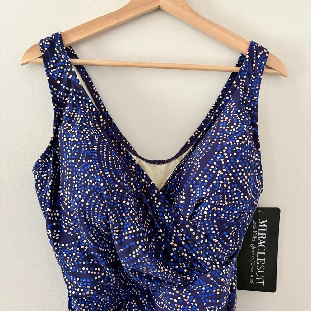 Miraclesuit One Piece Oceanus 20W Plum Multi Blue Abstract Ruched Slimming Swim